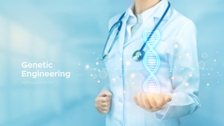 DNA sequence. Wireframe DNA molecules structure mesh. Doctor holding in hand the DNA code. genetic engineering. science and technology concept. vector illustrationのイラスト素材