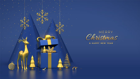 Christmas banner. Composition from gift box, gold deer, shining showflakes and ball, golden metallic spruce trees. New Year cone shape trees. Xmas background, greeting card. Vector 3D illustrationのイラスト素材