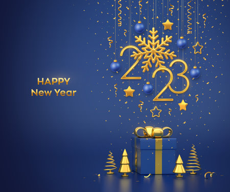 Happy New 2023 Year. Hanging golden metallic numbers 2023 with snowflake, stars and balls on blue background. Gift box and golden metallic pine or fir, cone shape spruce trees. Vector illustrationの写真素材