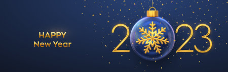 Happy New Year 2023. Golden metal 3D numbers 2023 with gold shining 3D snowflake in a Christmas...