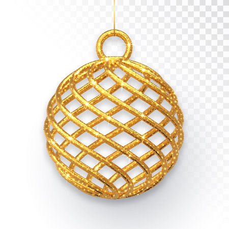 Gold Christmas tree toy ball isolated on a transparent background. 3D Xmas realistic sparkling metallic ball bauble. Merry Christmas. Happy New Year. Vector illustrationのイラスト素材