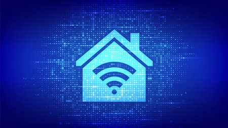 Smart home icon made with binary code. Automation control system concept. Smart home automation assistant. Binary data streaming digital code. Matrix background with numbers 1.0. vector illustrationのイラスト素材