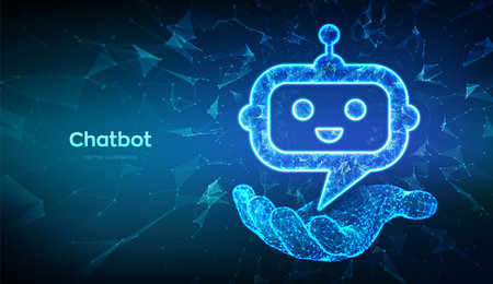 Chatbot. Low poly abstract robot Chat head icon in hand. Speech bubble message symbol. dialogue cloud. Chatbot assistant application sign. AI concept. 3D polygonal vector illustrationのイラスト素材