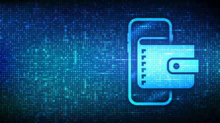 digital wallet. Wallet in smartphone icon made with currency symbols. Mobile banking, e-commerce finance banner. Dollar, euro, yen and pound icons. Background with currency signs. vector illustrationのイラスト素材