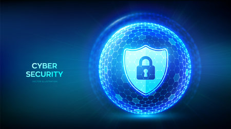 cybersecurity. Information protect and or safe concept. Abstract 3D sphere or globe with surface of hexagons with icons illustrates cyber data security or network security idea. vector illustrationのイラスト素材