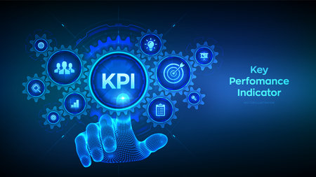 KPI Key performance indicator business and industrial analysis technology concept on virtual screen. Wireframe hand touching digital interface with connected gears cogs and icons. vector illustrationのイラスト素材