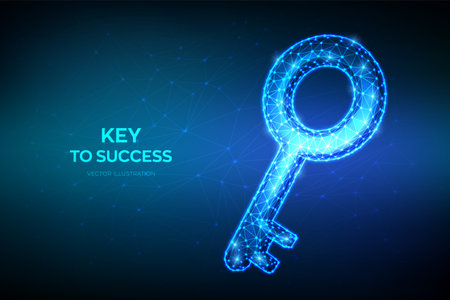 key. Low poly abstract key sign. Key to success or solution. Turnkey solution and services concept. Goals achievement, opportunities for business development. 3D low poly vector illustrationのイラスト素材