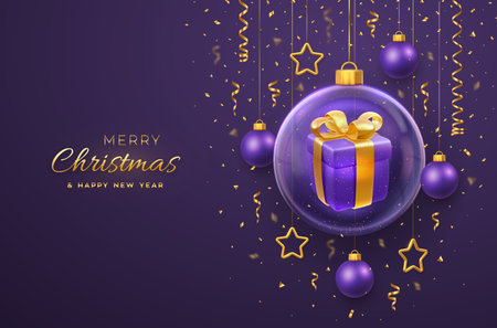Merry christmas greeting card. Gift box with golden bow in a glass bauble. Christmas purple background with hanging gold stars and balls. Holiday Xmas, New Year banner, flyer. Vector Illustrationのイラスト素材