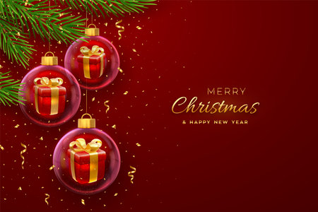 Merry christmas greeting card or banner. Hanging transparent glass balls baubles with gift boxes inside, pine branches on red background, golden confetti. New Year Xmas design. Vector illustrationのイラスト素材