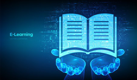 E-learning icon made with binary code in wireframe hands. Online education. Webinar, teaching, online training courses. Digital binary data streaming digital code background. Vector illustrationのイラスト素材