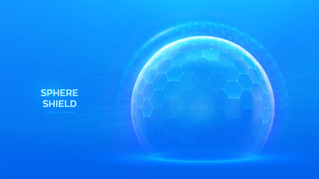 Protection sphere shield with hexagon pattern on blue background. Glass Dome shield. Glowing bubble shield in the form of a force energy field. Protection and safety concept. Vector illustrationのイラスト素材