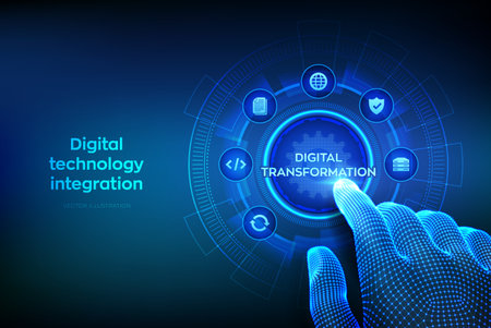 Digital transformation. Digitization of business processes modern technology concept on virtual screen. Disruption innovation solutions. Wireframe hand touching digital interface. Vector illustrationのイラスト素材