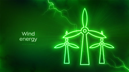 Wind energy icon with energy glow. Wind turbines. Wind power station background. Alternative energy. Sustainable development. Renewable green energy. Electrical discharge effects. Vector illustrationのイラスト素材