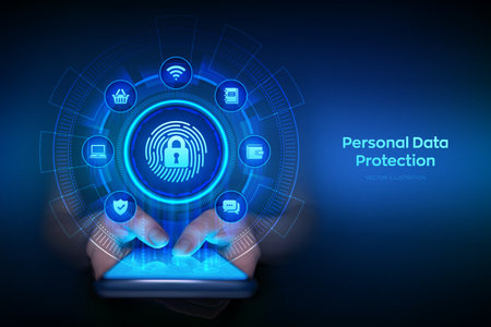 Personal Data protection business concept on virtual screen. Cyber Security. Fingerprint with padlock icon. Private secure and safety. Smartphone in hands. Using smartphone. Vector illustrationのイラスト素材