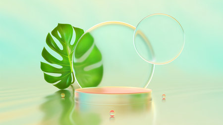 Summer product podium. Summer sale banner. Glass podium display, Show template. Pedestal for product presentation. Monstera leaf. Green leaf. Blue yellow orange pink background. Vector illustrationのイラスト素材