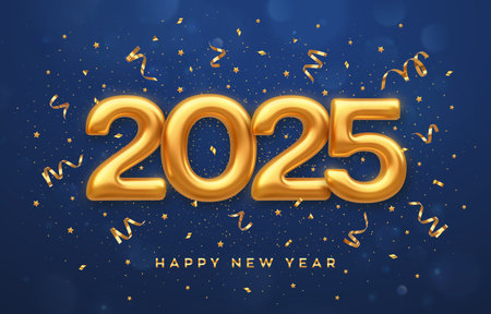 Happy New Year 2025. Golden 3D numbers 2025 on blue background. Realistic festive metallic luxury...