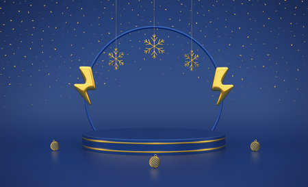 Stage podium with gold lightning bolt and snowflakes. Christmas sale special offer. Flash sale. New year Discount shopping. Winter Sale promotion. Blue product podium, pedestal. Vector illustrationのイラスト素材