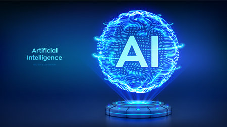 AI. Artificial intelligence technology concept. Artificial intelligence visualized as a holographic wavy grid sphere. Neural network. Big data. Innovative machine learning. Vector illustrationのイラスト素材