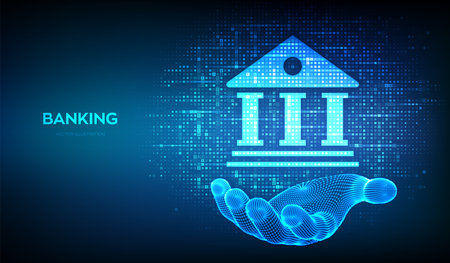 Banking service background. Bank icon made with currency symbols in wireframe hand. Dollar, euro, yen, pound icons. Background with currency signs. Bank financing, money exchange. Vector illustrationのイラスト素材