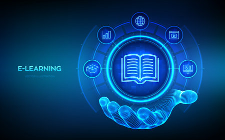 E-learning. Innovative online education and internet technology concept. E-learning icon in wireframe hand. Webinar, teaching, online training courses. Skill development. Vector illustrationのイラスト素材