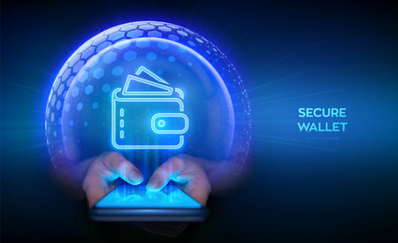 Secure digital wallet. Online payment via digital wallet in banking application using a smartphone. Wallet icon inside transparent protection sphere shield with hexagon pattern. Vector Illustrationのイラスト素材