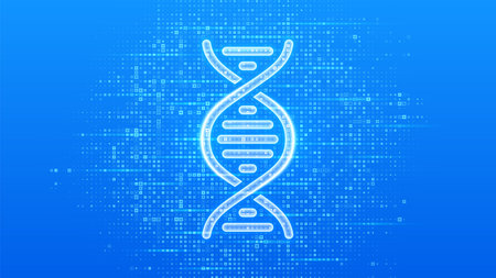 DNA sequence icon. DNA strand. Molecular structure of DNA. Genetic code. Concept of genetics, biotechnology, medical science. Blue medical background made with cross shape symbol. Vector illustrationのイラスト素材