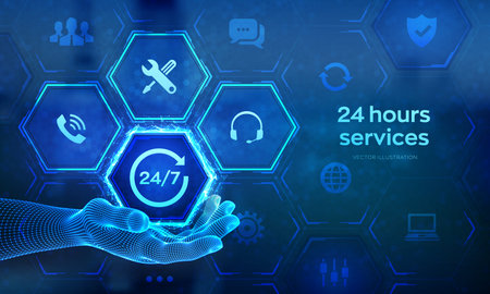 24 hours services icon in wireframe hand. 24-7 support. Technical support. Customer help. Tech...