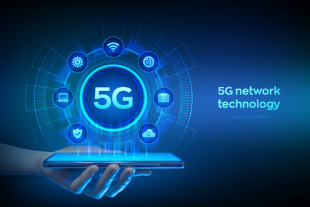 5G network wireless systems. 5G wireless mobile internet  connection concept. IOT Smart city communication network. Smartphone in hands. Using smartphone. Vector illustrationのイラスト素材