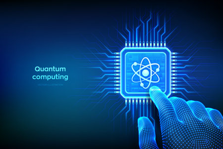 Quantum processor with qubit superposition. Quantum computing technology. Digital hand touching...