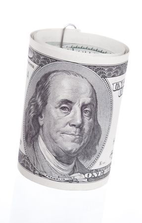 twisted a hundred dollar bill (front view)の写真素材