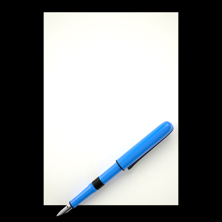 Blue ink pen and white paper sheet, 3Dの写真素材