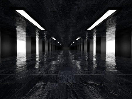 Dark corridor illuminated by neon lamps , 3Dの写真素材