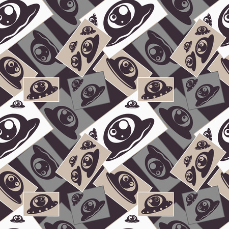 Pictures with cartoon UFO. Seamless pattern. Vector illustrationのイラスト素材