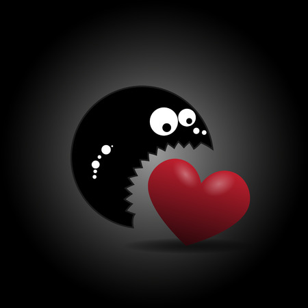 Funny cute monster eating red heart. Vector illustrationのイラスト素材