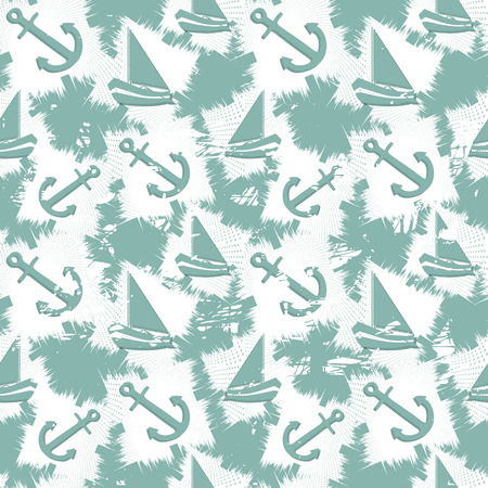 Grunge seamless pattern with boats and anchors. Vector illustrationのイラスト素材