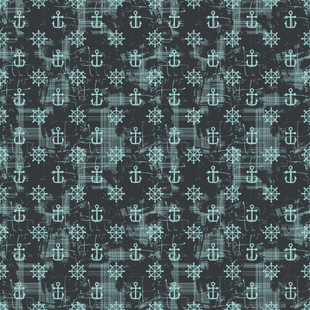 Grunge seamless pattern with handwheels and anchors. Vector illustrationのイラスト素材
