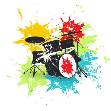 Set of drums. Poster with color spots background . Grunge vector illustrationのイラスト素材