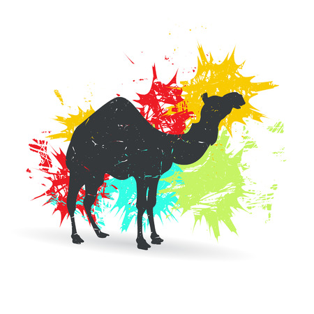 Camel on background with color spots. Grunge vector illustrationのイラスト素材