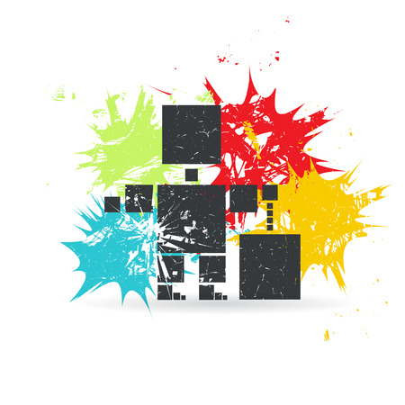 Pixel robot on background with color spots. Grunge vector illustrationのイラスト素材