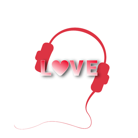 Headphones and Love text on white background. Vector illustrationのイラスト素材