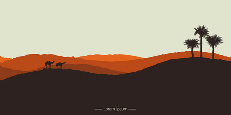 Landscape of the desert with camels and palm trees. Vector illustrationのイラスト素材