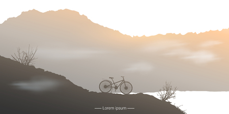 Landscape with standing bicycle and mountain background. Vector illustrationのイラスト素材
