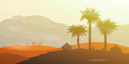 Landscape of the desert with camels and palm trees. Vector illustrationのイラスト素材
