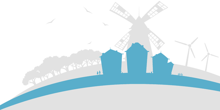 Village. Flat design. Vector illustration. Blue and grey contours on white backgroundのイラスト素材