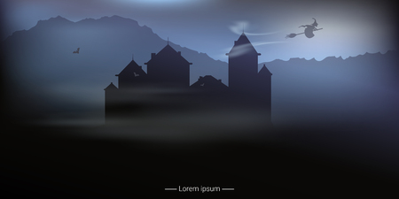 Halloween background with a flying witch. Landscape with mountains and silhouette of the castle. Vector illustrationのイラスト素材