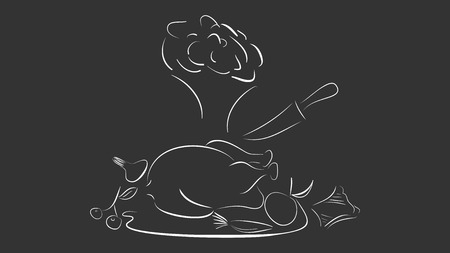 Baked turkey. Thanksgiving Day conception. White contours on black background. Vector illustrationのイラスト素材