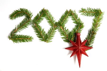 figures 2007 made with christmas tree branches with christmas decorationの写真素材