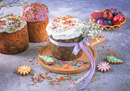 Easter cakes and painted eggs on a gray background. selective focus.の写真素材