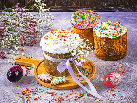 Easter cake is a festive Ukrainian traditional baking. Gypsophila flowers, cookies and sprinkles as decor on a light background.の写真素材