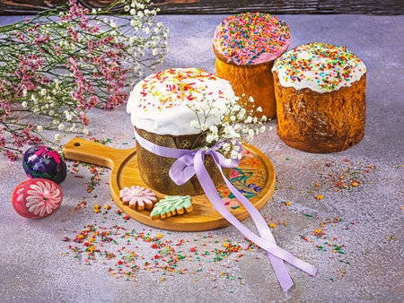 Easter cake is a festive Ukrainian traditional baking. Gypsophila flowers, cookies and sprinkles as decor on a light background.の写真素材